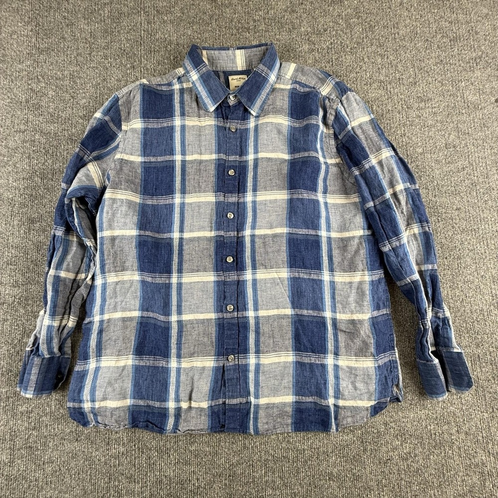 Murano Shirt Mens XL Blue Plaid Long Sleeve Button Front 100% Linen Casual